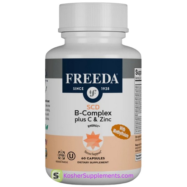 Freeda Kosher SCD B Complex with Methylfolate Vitamin C Zinc Capsules kosher vitamins supplement bottle